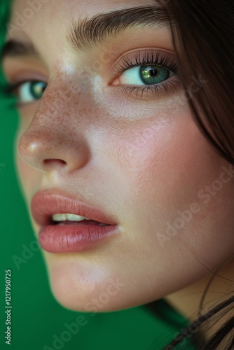 A captivating portrait of a person with striking green eyes and natural beauty against a green backdrop. photo