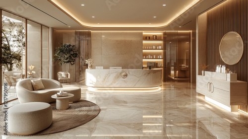 aesthetic clinic's reception features minimalist furniture soft lighting and white gray color scheme creating relaxing and professional atmosphere.