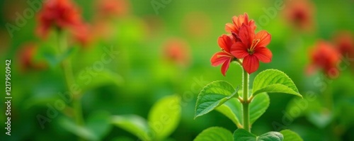 Garden plantain plant with bright green leaves and red flowers, plant, garden plantain