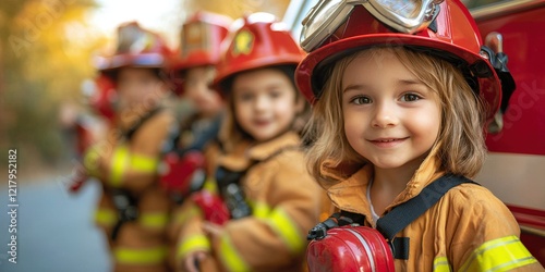 A group of children dressed in firefighter uniforms, smiling and posing in front of a fire truck, showcasing courage and teamwork.