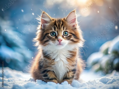 Adorable Brown and White Kitten Playing in Winter Snow