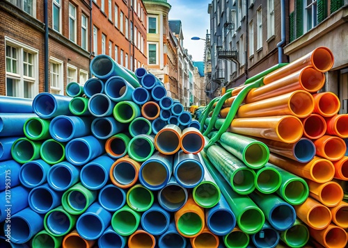 Amsterdam Urban Renovation: Minimalist Close-up of Blue, Green & Orange Plastic Pipes, 2022 photo