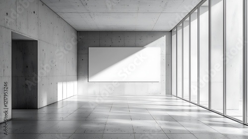 Long white rectangular banner mockup in a minimalistic concrete interior, ideal for commercial advertisements.