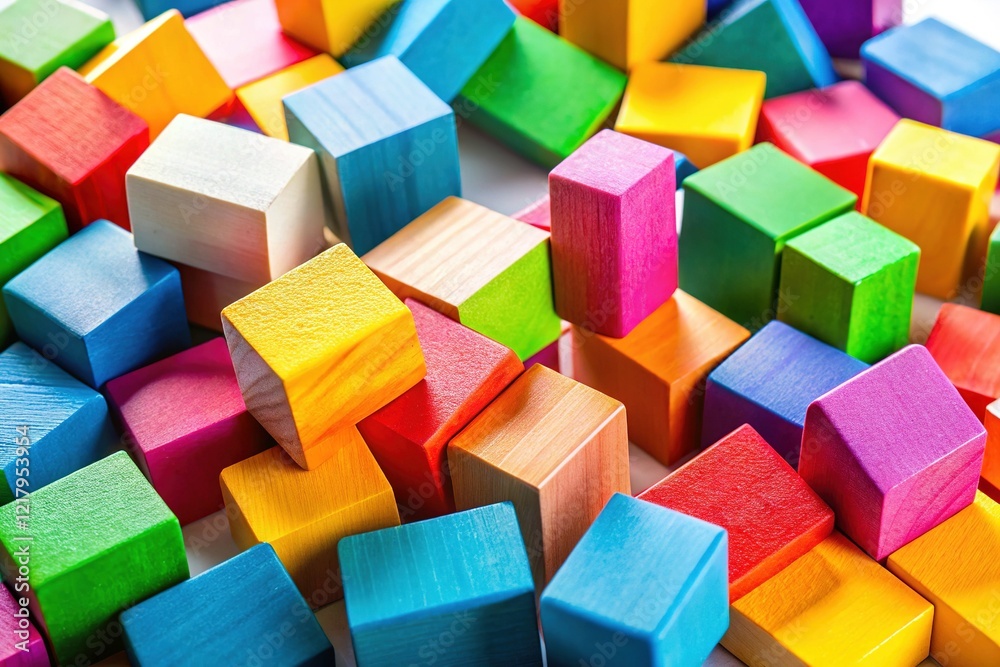 Obraz premium Colorful Wooden Blocks Scattered on White Background - Creative Playtime & Design Inspiration