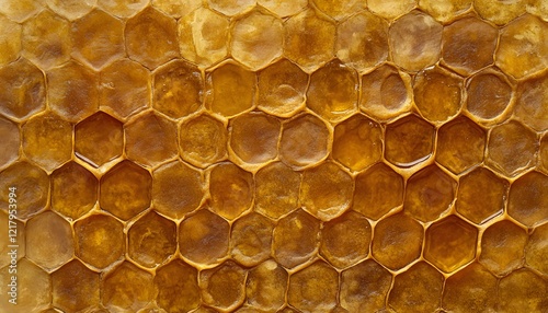 Golden Honeycomb Cells Filled With Sweet Honey photo