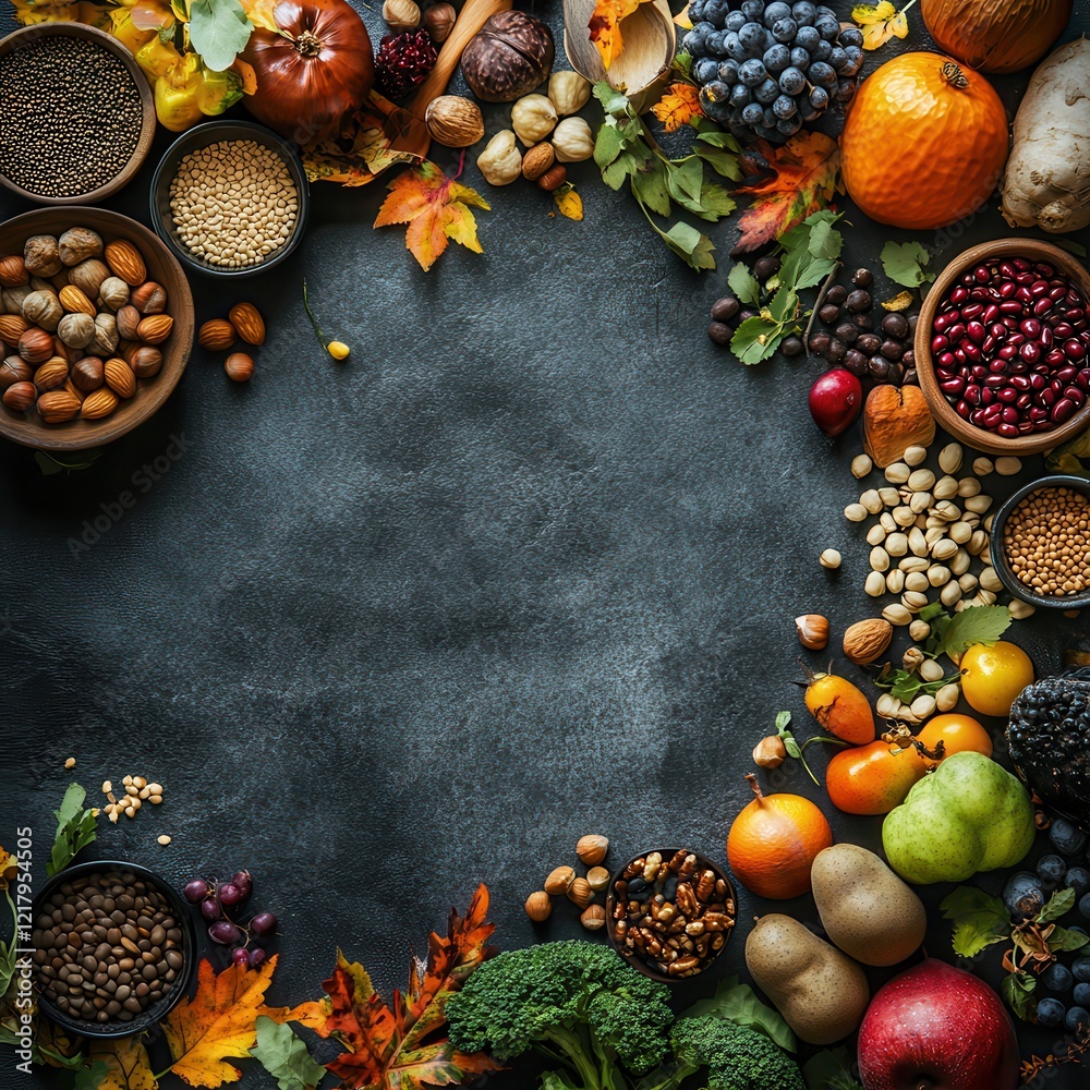Vibrant Display of Fresh Fruits and Vegetables Surrounded by Various Nuts and Seeds on a Dark Rustic Surface Creating a Colorful Autumnal Feast Vibrant Display of Fresh Fruits and Vegetables Surrounded by Various Nuts and Seeds on a Dark Rustic Surface Creating a Colorful Autumnal Feast
