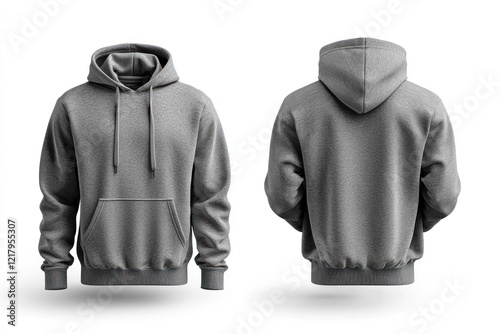 Men's grey hoodie sweatshirt mockup, presented from two sides on an invisible mannequin for natural shape, isolated on a white background.