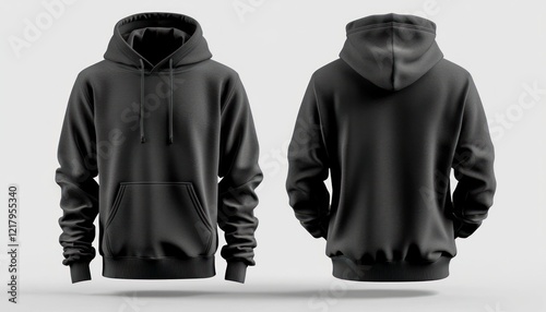 Men's black hoodie template shown from two sides, on an invisible mannequin for a natural look, isolated on white background, perfect for print mockups.