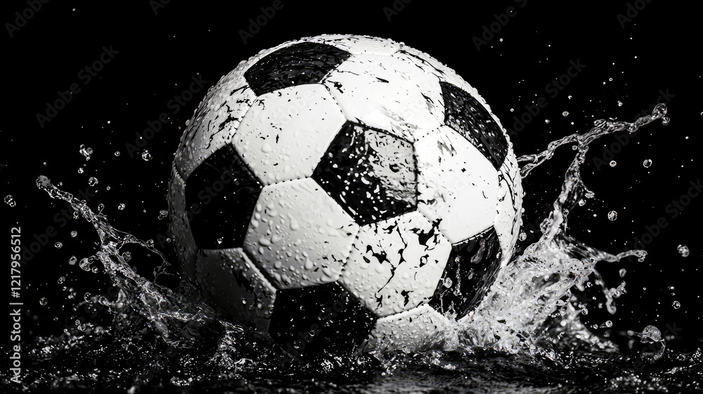 Naklejka premium Wet Soccer Ball Splashing in Water: Dynamic Black and White Sports Photography