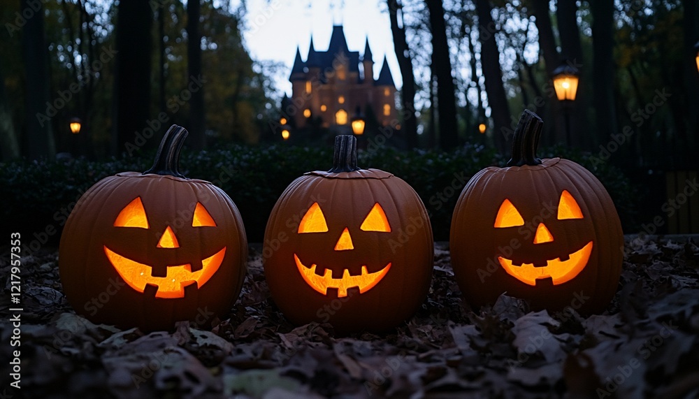 Three Jack O' Lanterns Glowing in Front of a Castle at Night Three Jack O' Lanterns Glowing in Front of a Castle at Night