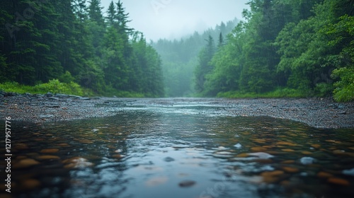 Rainy day in the forest, a quiet stream flows through the dense woods with mist photo