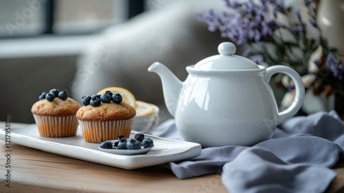 Wallpaper Mural Ceramic teapot accompanied by blueberry and lemon muffins on a cozy wooden table Torontodigital.ca