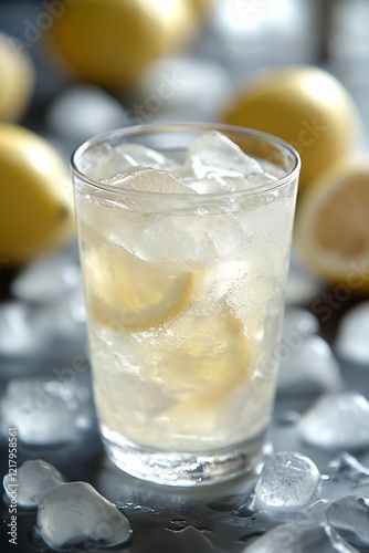 Wallpaper Mural glass glass of lemonade with lemon slices and ice, many lemons in the background Torontodigital.ca