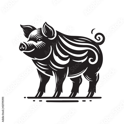 Black Color Miniature Pig silhouette design Vector Illustration, Solid White Background (4).eps