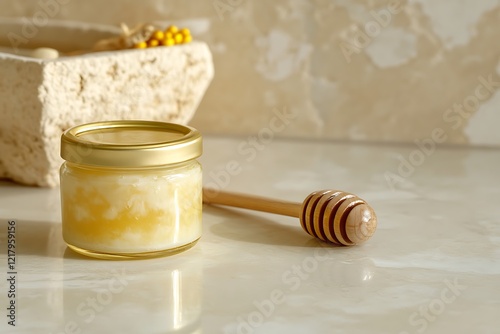 Golden Honey in a Jar with Wooden Dipping Spoon photo