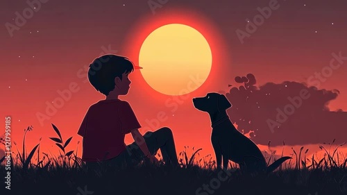 Boy and dog enjoy a peaceful sunset together in a serene landscape with vibrant colors and silhouettes
