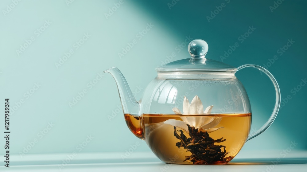Blooming tea in a clear teapot revealing a delicate flower fully opened under soft light Blooming tea in a clear teapot revealing a delicate flower fully opened under soft light