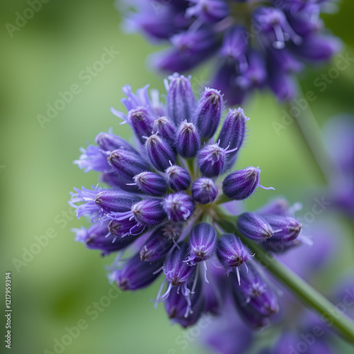 Closeup of purple wooly blue curl flowers on a blurry background photo