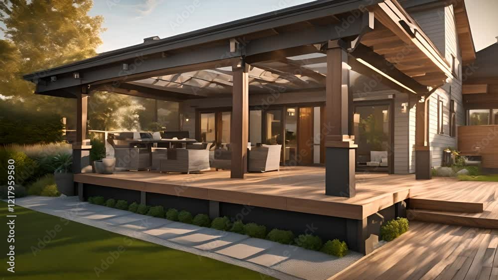 Back yard house exterior with spacious wooden deck with patio area and attached pergola 4K Back yard house exterior with spacious wooden deck with patio area and attached pergola 4K