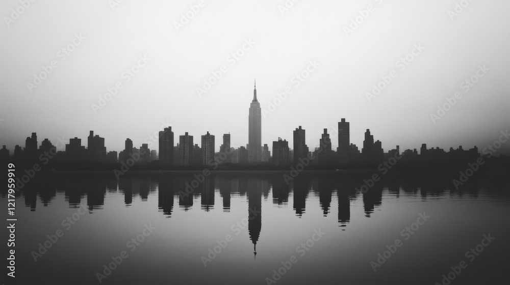 Fototapeta premium Black and white skyline of a city featuring a tall building reflected in calm water at dusk