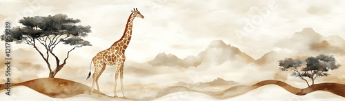 Giraffe Savannah Mountain Watercolor Print photo