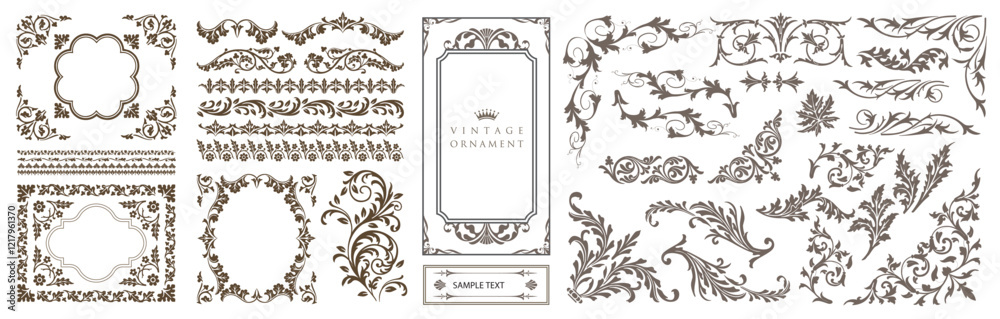 Floral vintage ornament, decorative vector frames and borders. Decorative swirls, dividers, border designs and components for wedding invitations, menus, certificates..eps