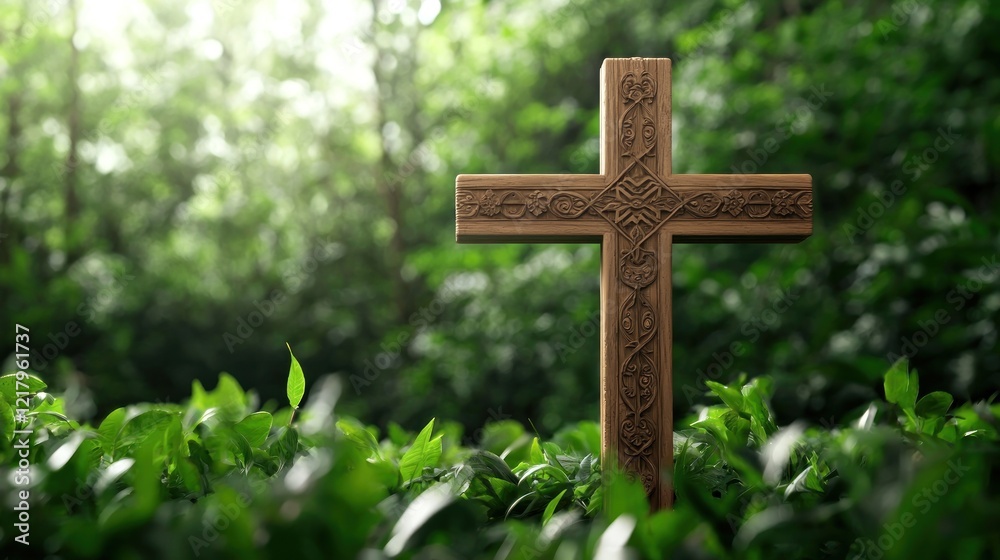 Wooden Cross in Lush Forest Wooden Cross in Lush Forest