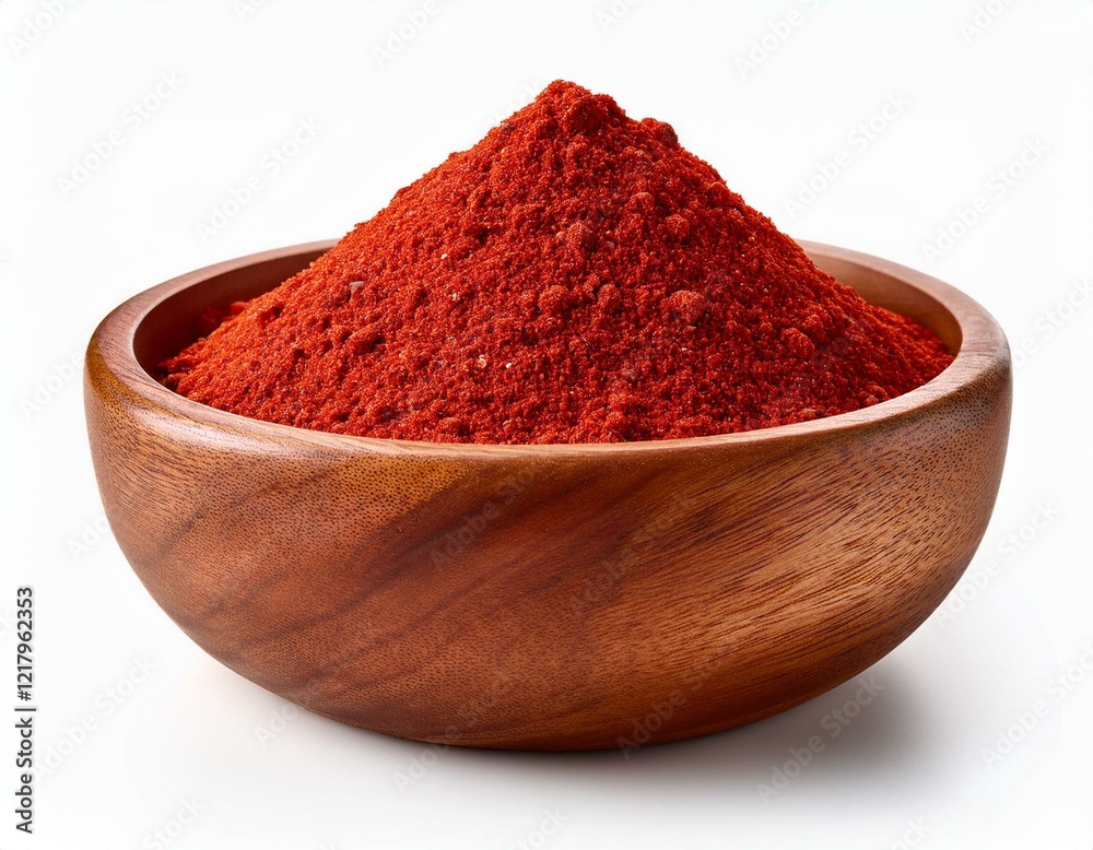 red chilli powder on wooden bowl isolated on white background