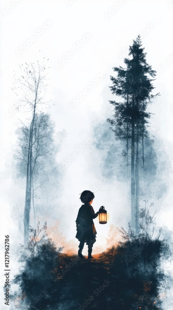 Child With Lantern Walks Through Misty Forest Child With Lantern Walks Through Misty Forest