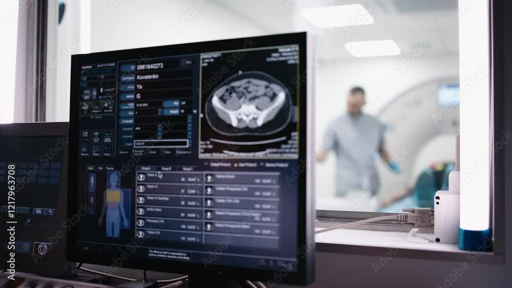 In the MRI or CT control room with a monitor displaying brain scan results, while a patient is being prepared for the examination in the background. The concept of precise diagnostics and technology.
