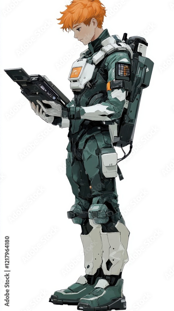 A futuristic soldier examines a digital tablet device A futuristic soldier examines a digital tablet device