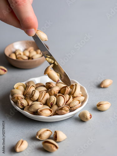 Partly peeling pistachio nuts on saucer against the empty shells photo