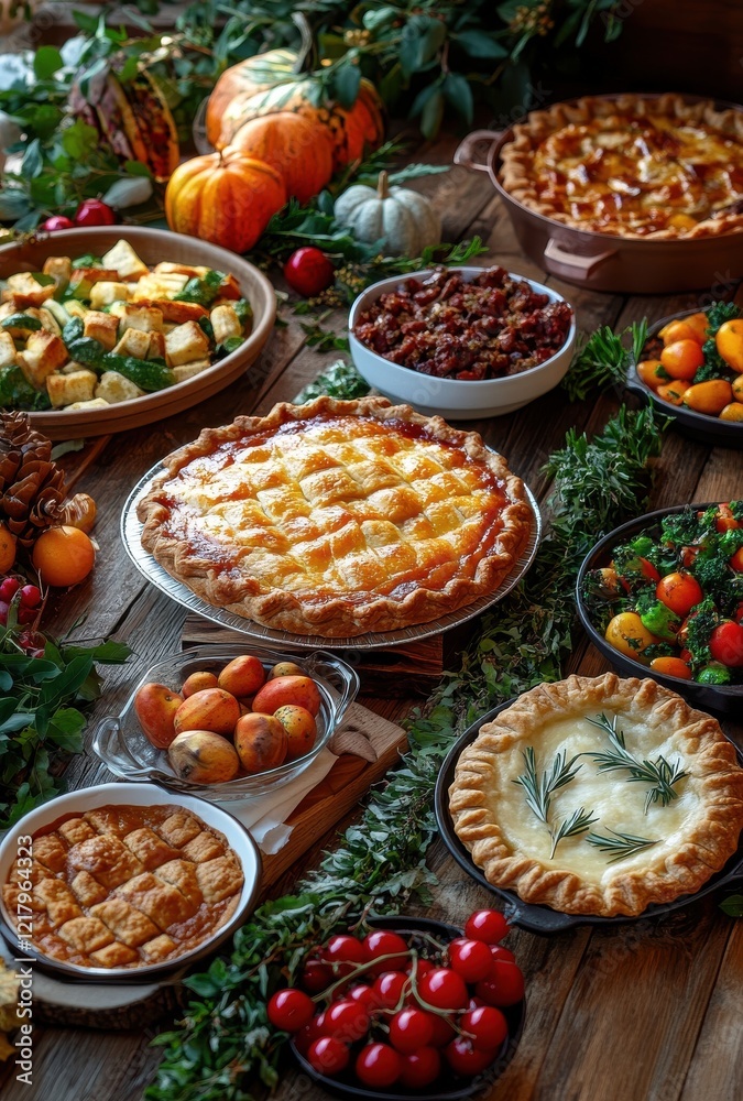 A Bountiful Harvest Feast Displaying an Array of Delicious Pies, Fresh Fruits, Colorful Vegetables, and Festive Decor Perfect for Celebrating Special Occasions A Bountiful Harvest Feast Displaying an Array of Delicious Pies, Fresh Fruits, Colorful Vegetables, and Festive Decor Perfect for Celebrating Special Occasions