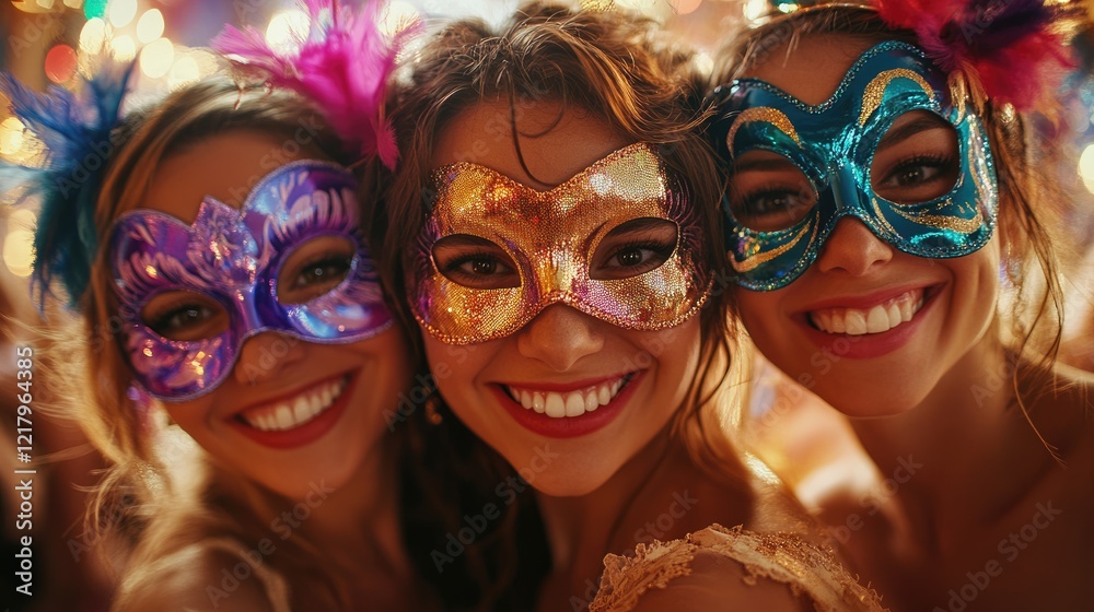 Obraz premium Enchanted revelry, Venice Carnival, people in elaborate masks, celebrating vibrant traditions, cultural heritage through stunning costumes, lively performances, creating magical atmosphere.