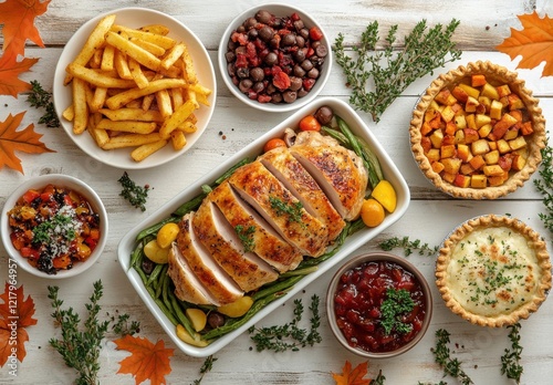 Wallpaper Mural A Festive Autumn Feast Displaying a Beautifully Roasted Chicken with Seasonal Sides, Including Sweet Potatoes, Green Beans, and Delicious Pies on a Rustic Wooden Table Torontodigital.ca