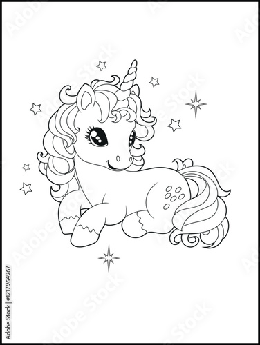Illustration of a cute baby unicorn cartoon character. Black and white Printable Unicorn coloring page for kids.