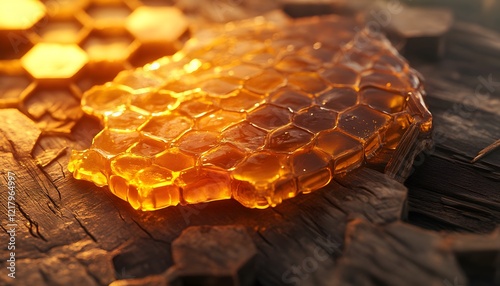 Golden Honeycomb Piece on Dark Wooden Surface photo