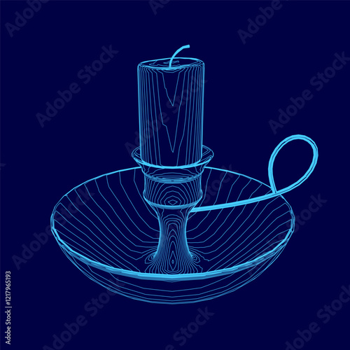 Blue candle is lit in a blue bowl. The candle is surrounded by a blue frame. The candle is lit and the flame is visible