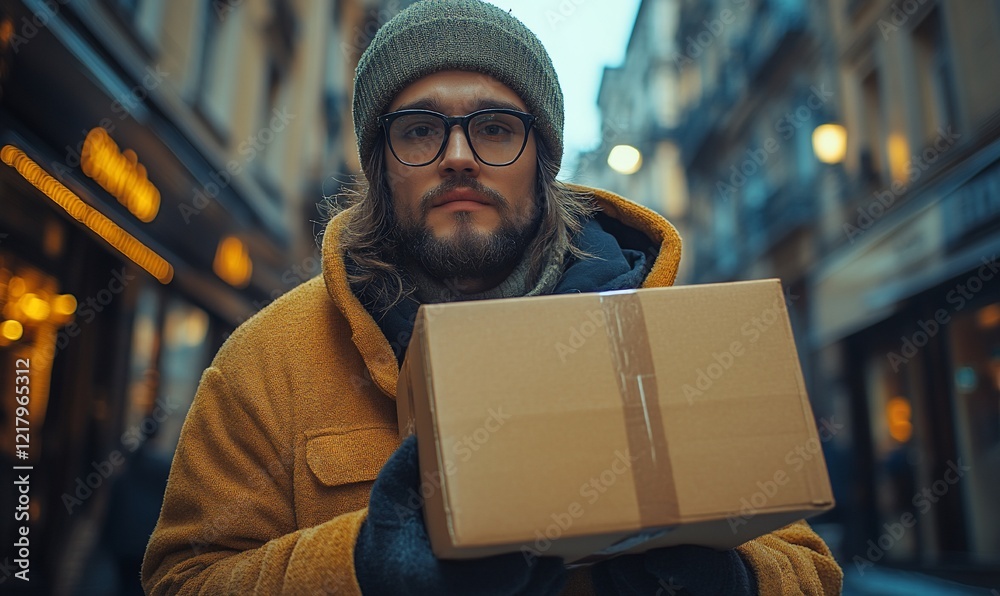 Young Man Holding a Cardboard Box on a City Street Young Man Holding a Cardboard Box on a City Street