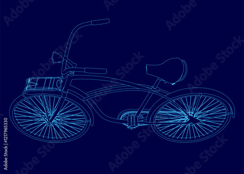Blue bicycle with a seat and a handlebar. The bike is shown in a stylized way, with the frame of the bike and the spokes of the wheel being the only visible parts