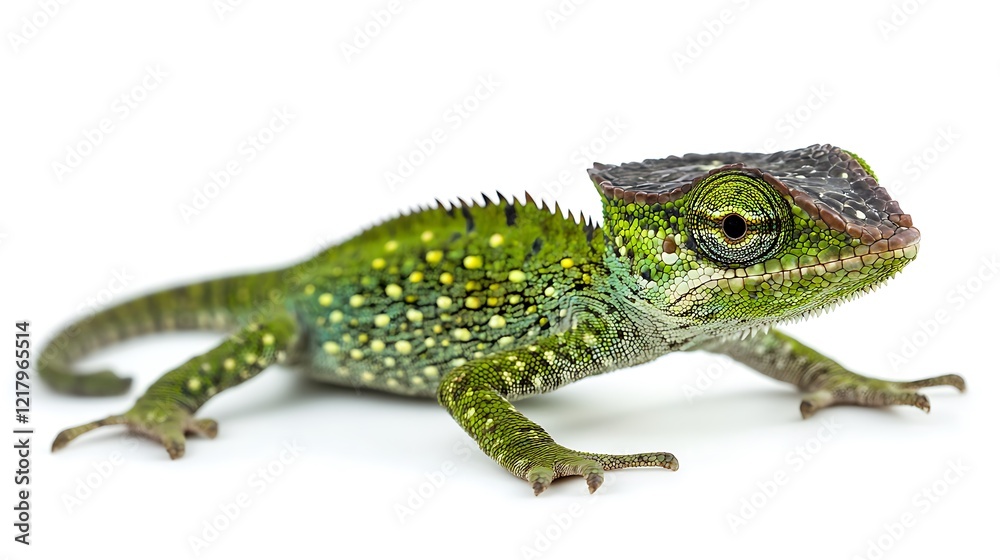 Close-up of a vibrant green casque-headed chameleon, showcasing its unique head crest and intricate scales against a stark white background. Close-up of a vibrant green casque-headed chameleon, showcasing its unique head crest and intricate scales against a stark white background.
