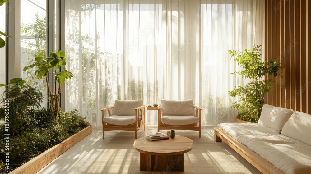 Fototapeta premium Sunlit minimalist living room with light wood furniture, plants, and sheer curtains.