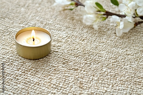 Beige Woven Rug with Candle and Flowers