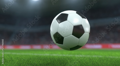A soccer ball floating above a lush green field in a stadium.