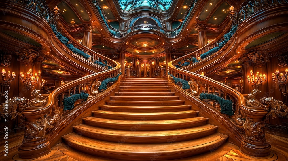 Obraz premium Grand opulent wooden staircase in a luxurious palace.