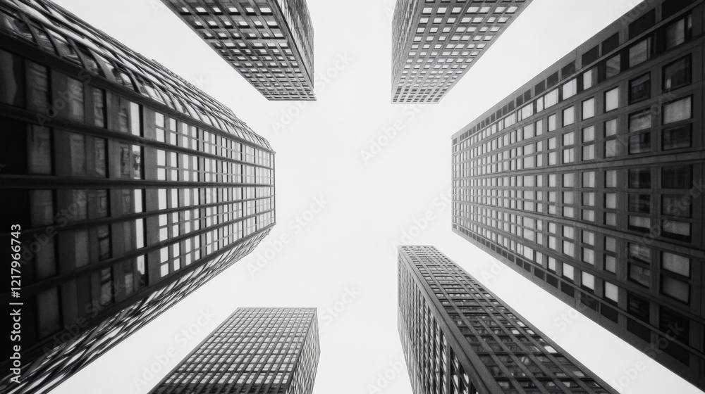 Fototapeta premium Low-angle monochrome view of skyscrapers converging.