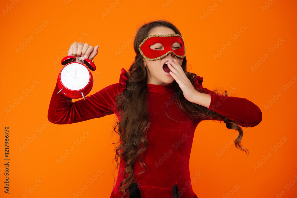 Fototapeta premium Girl late home after party celebration. End of holiday fun. Countdown. Girl being late and sleepy isolated on orange. Late time. Party countdown. Sleepy teen girl yawning in party mask with clock