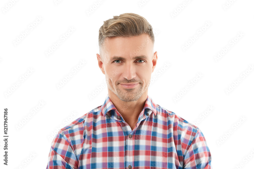 Casual style of man. Guy has stylish haircut. Man with trendy hairstyle. Casual male style portrait. Mature portrait of adult. Mature man isolated on white. Male hairstyle. Stylish man portrait Casual style of man. Guy has stylish haircut. Man with trendy hairstyle. Casual male style portrait. Mature portrait of adult. Mature man isolated on white. Male hairstyle. Stylish man portrait