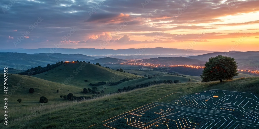 Landscape with circuitry pattern at sunset, showcasing technology merging with nature in a serene valley