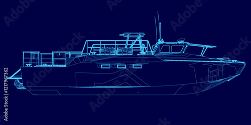 Blue boat wireframe. The boat is shown in a stylized way, with the blue color dominating the image